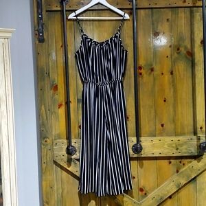 BLACK AND WHITE STRIPE WIDE LEG ROMPER JUMP SUIT WITH ADJUSTABLE STRAPS